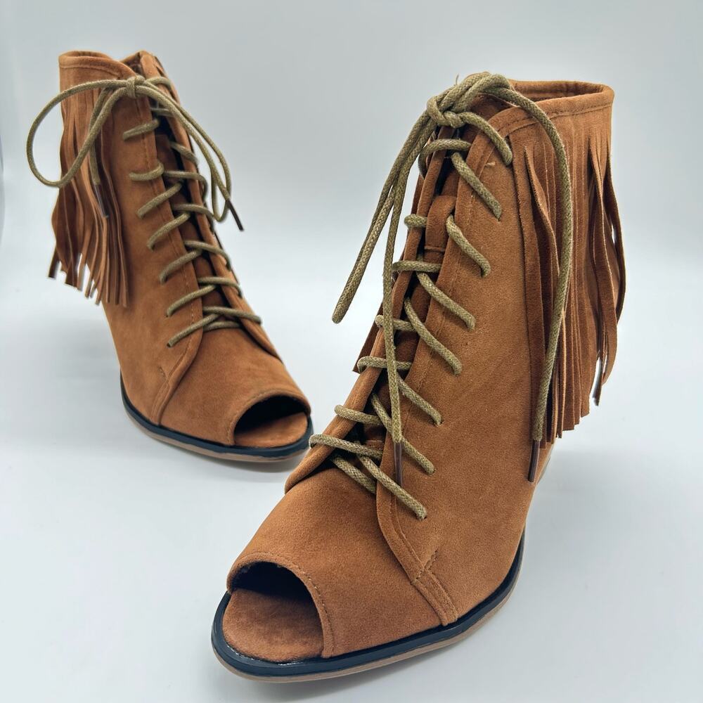 Forever Boots Womens 6.5 Brown Open Toe Fringe Bohemian Ankle‎ Boots  NEW